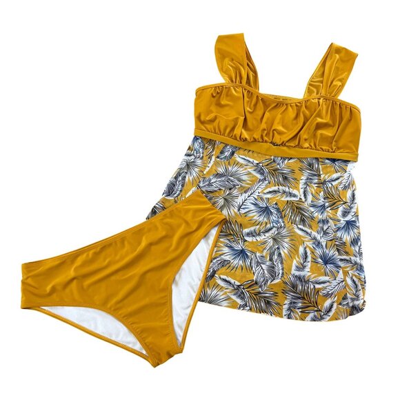 WOMENS PLUS SIZE 4XL MUSTARD TANKINI LEAVES PRINT TOP SEE-THROUGH & BIKINI SET 2 - Picture 1 of 9